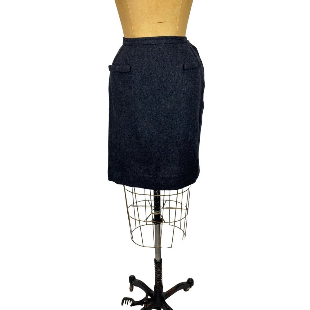 Vintage 60s Mini Skirt Womens XXS Black Wool Bow Pockets Sportempos
